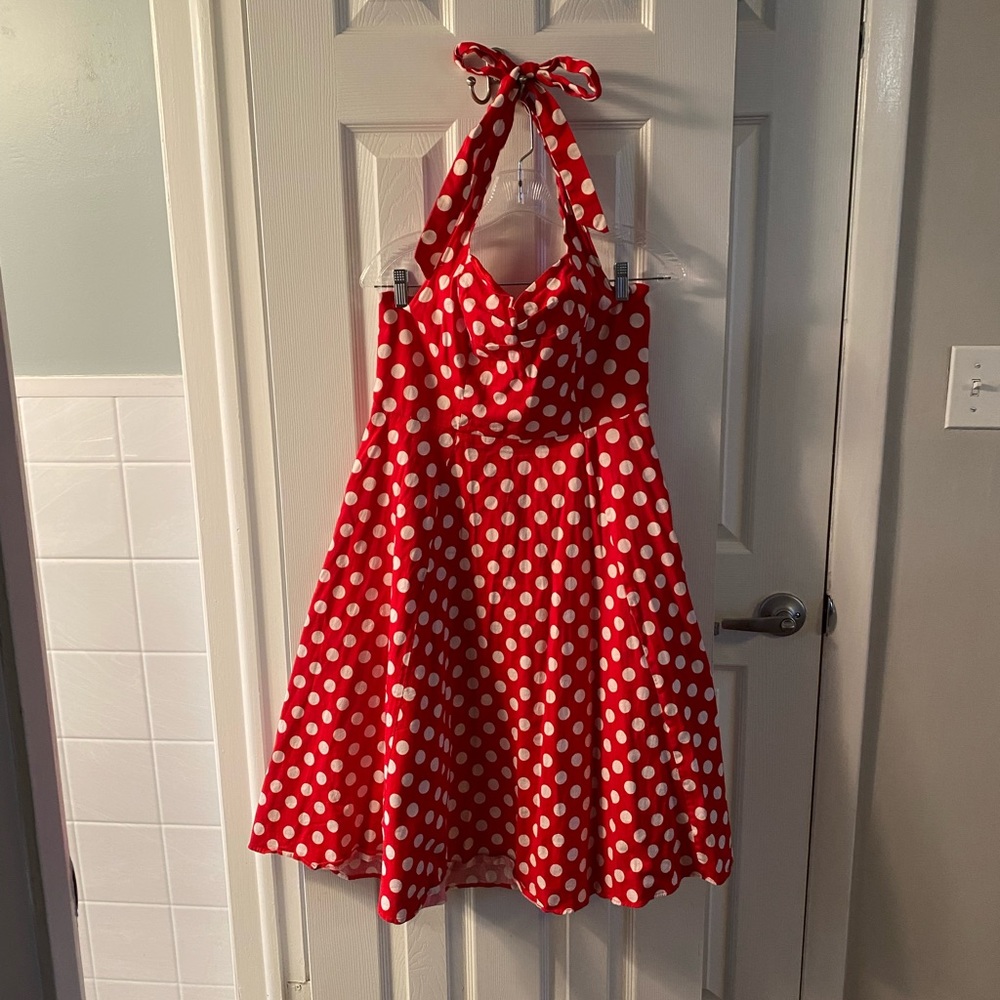 Red Halter Dress with White Polka Dots XL